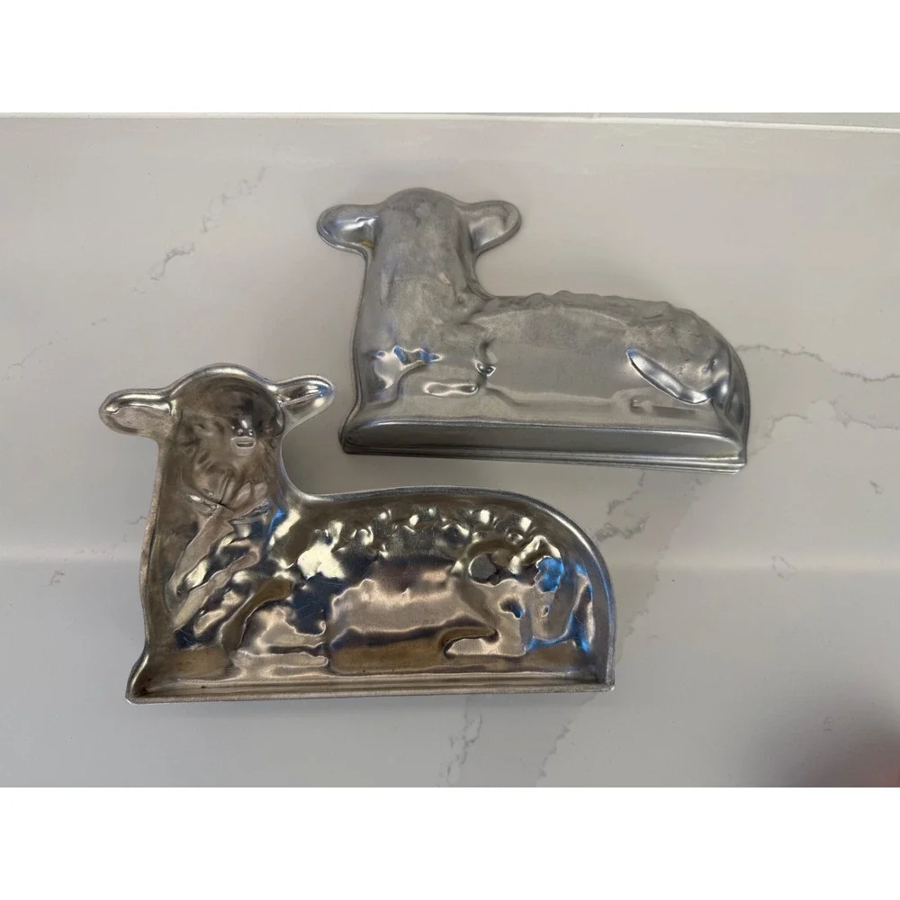 Vintage Lamb Cake Mold 3D Two Piece Cast Aluminum Silver Easter Farmhouse Decor